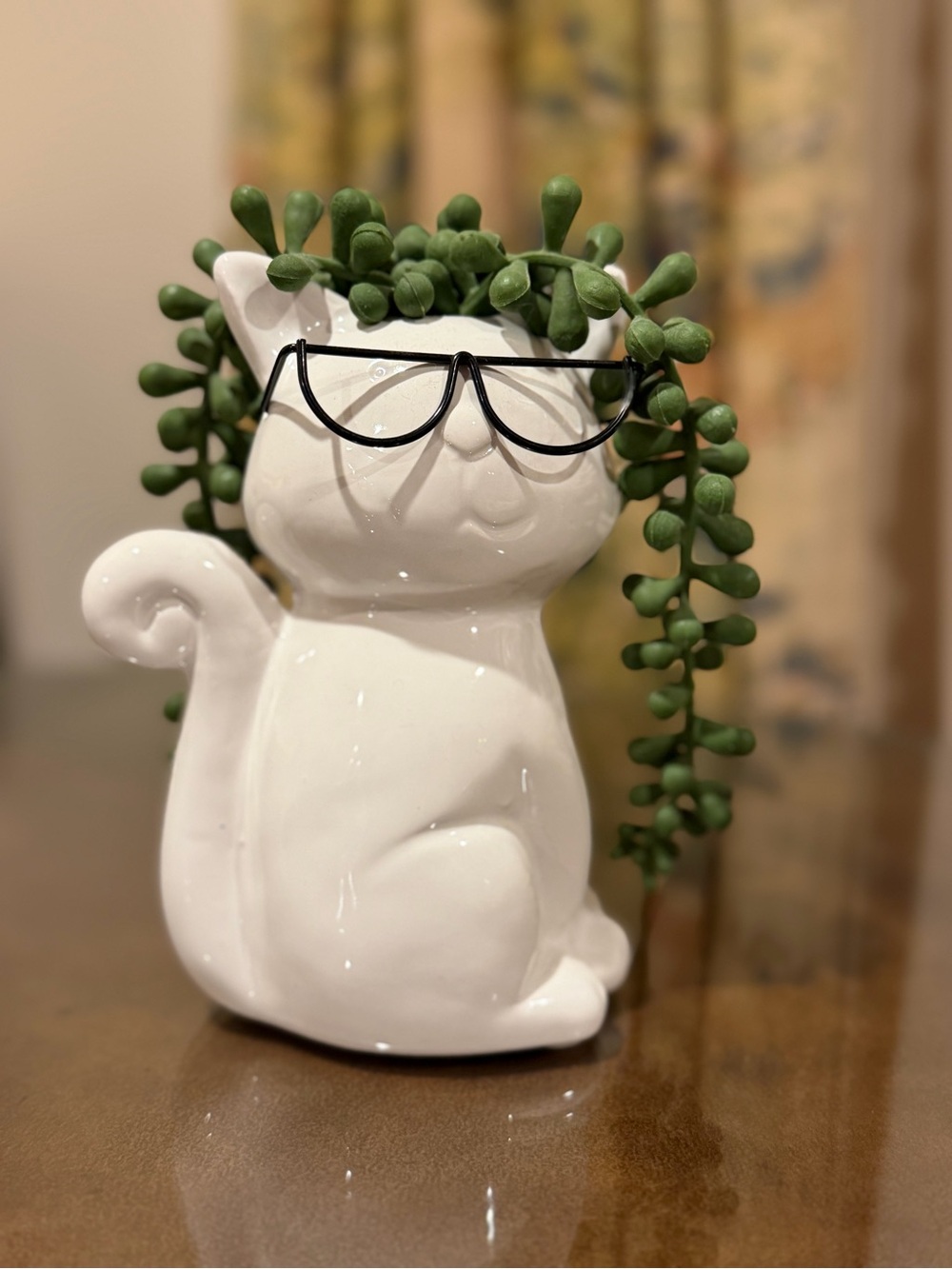White Ceramic Cat Planter with Green Faux Succulent